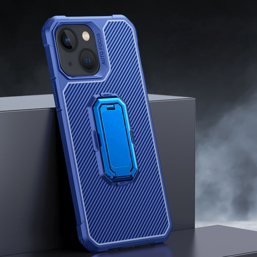 iPhone 13 mini Carbon Fiber Texture Phone Case with Holder  - Blue