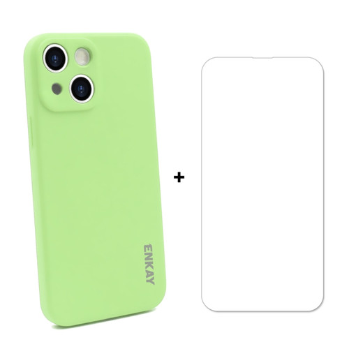 iPhone 13 mini Hat-Prince ENKAY Liquid Silicone Shockproof Protective Case Drop Protection Cover + 9H Tempered Glass Screen Protector  - Light Green