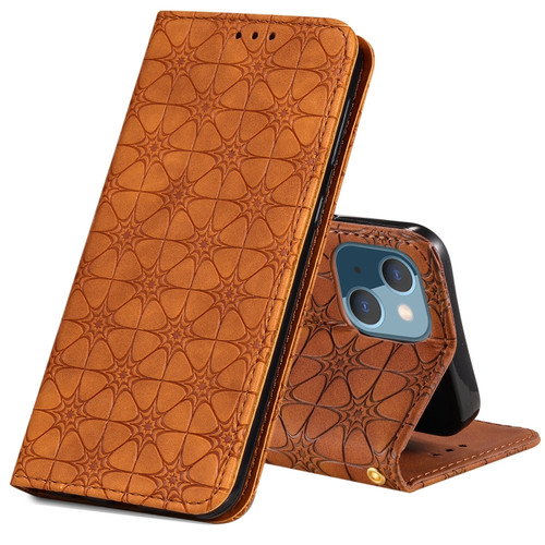 iPhone 13 mini Lucky Flowers Embossing Pattern Magnetic Horizontal Flip Leather Case with Holder & Card Slots  - Yellow Brown