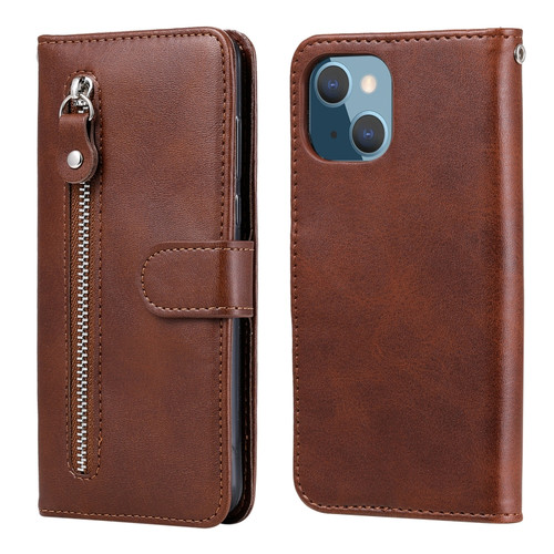 iPhone 13 mini Fashion Calf Texture Zipper Horizontal Flip Leather Case with Stand & Card Slots & Wallet Function  - Brown