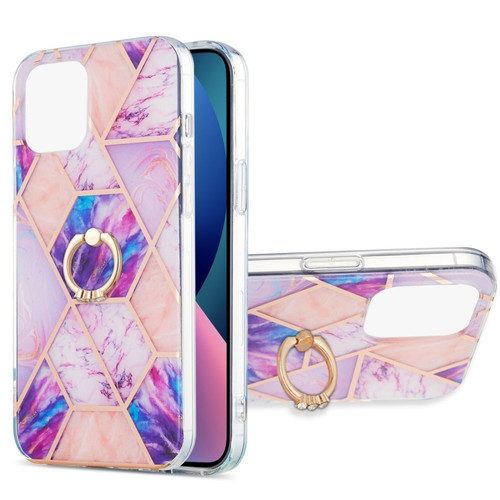 iPhone 13 mini Electroplating Splicing Marble Pattern Dual-side IMD TPU Shockproof Case with Ring Holder - Light Purple