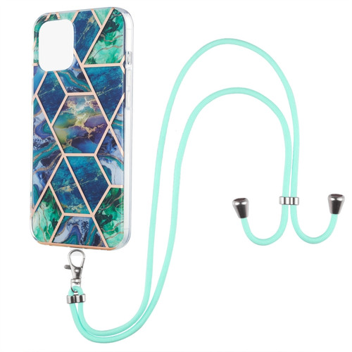 iPhone 13 mini Electroplating Splicing Marble Pattern Dual-side IMD TPU Shockproof Case with Neck Lanyard - Blue Green