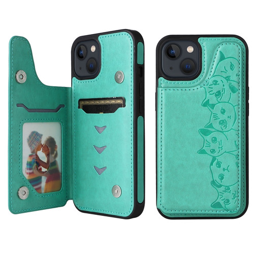 iPhone 13 mini Six Cats Embossing Pattern Shockproof Phone Case  - Green