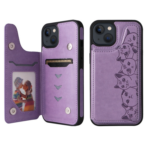 iPhone 13 mini Six Cats Embossing Pattern Shockproof Phone Case  - Purple