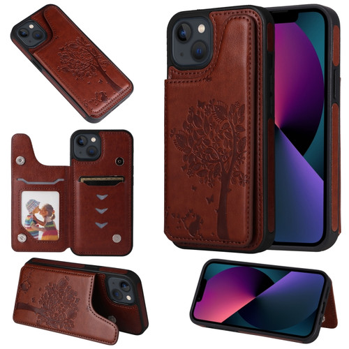 iPhone 13 mini Cat Tree Embossing Pattern Shockproof Phone Case  - Brown