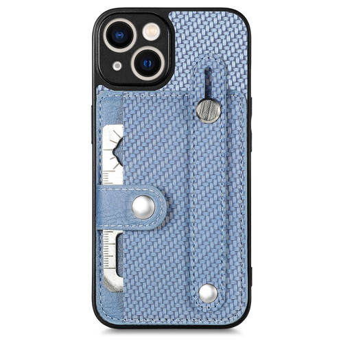 iPhone 13 mini Wristband Kickstand Card Wallet Back Cover Phone Case with Tool Knife - Blue