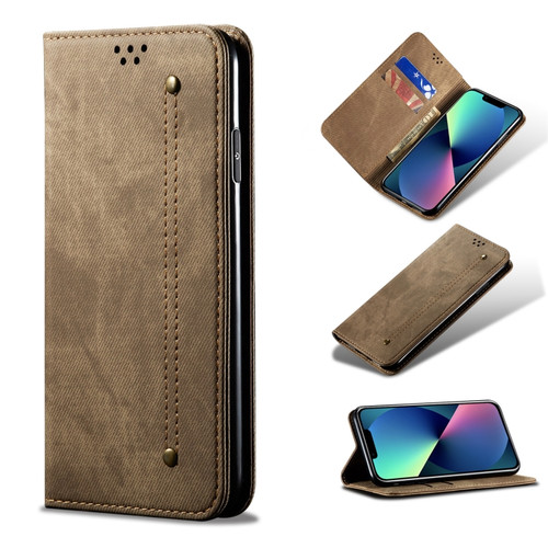 iPhone 13 mini Denim Texture Casual Style Horizontal Flip Leather Case with Holder & Card Slots & Wallet  - Khaki