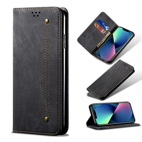 iPhone 13 mini Denim Texture Casual Style Horizontal Flip Leather Case with Holder & Card Slots & Wallet  - Black