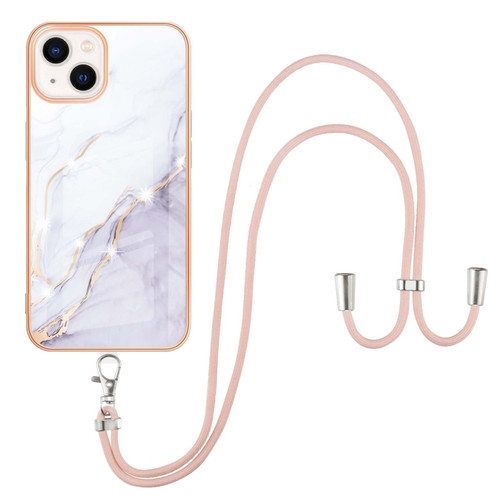 iPhone 13 mini Electroplating Marble Pattern IMD TPU Shockproof Case with Neck Lanyard - White 006