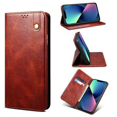 iPhone 13 mini Simple Wax Crazy Horse Texture Horizontal Flip Leather Case with Card Slots & Wallet  - Brown