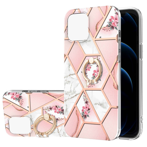 iPhone 13 mini Electroplating Splicing Marble Flower Pattern TPU Shockproof Case with Rhinestone Ring Holder  - Pink Flower