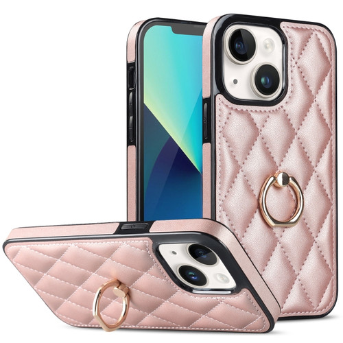 iPhone 13 mini Rhombic PU Leather Phone Case with Ring Holder - Rose Gold