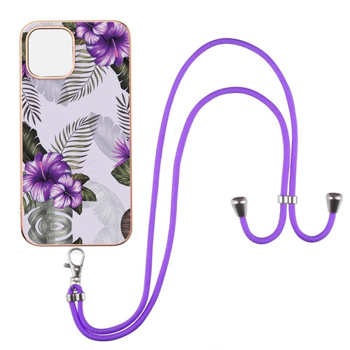 iPhone 13 mini Electroplating Pattern IMD TPU Shockproof Case with Neck Lanyard  - Purple Flower