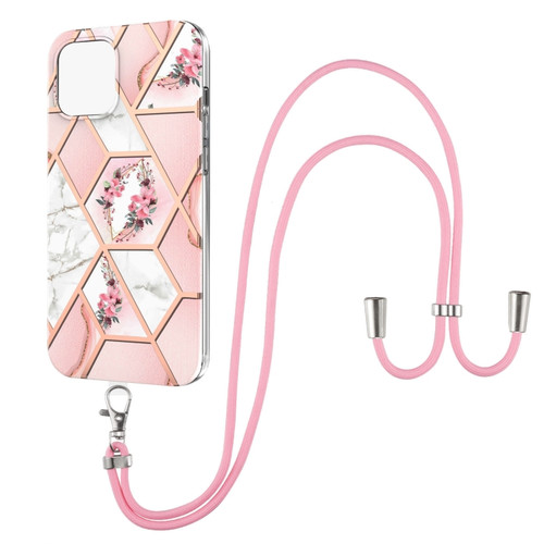 iPhone 13 mini Electroplating Splicing Marble Flower Pattern TPU Shockproof Case with Lanyard  - Pink Flower