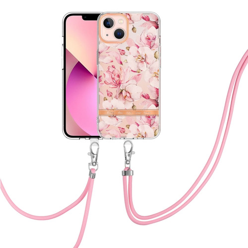 iPhone 13 mini Flowers Series TPU Phone Case with Lanyard  - Pink Gardenia