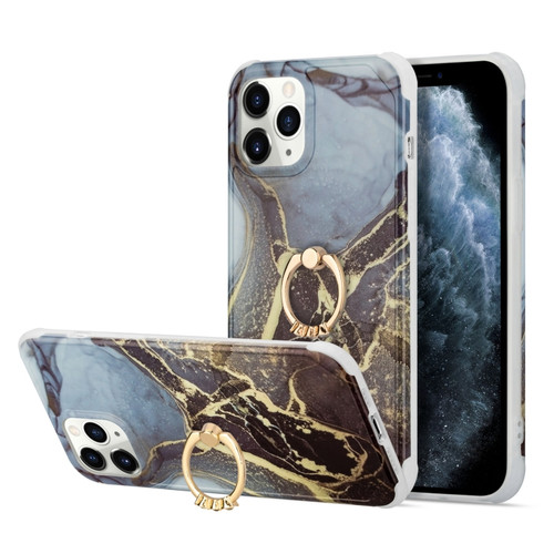 iPhone 13 mini Four Corners Shocproof Flow Gold Marble IMD Back Cover Case with Metal Rhinestone Ring - Black