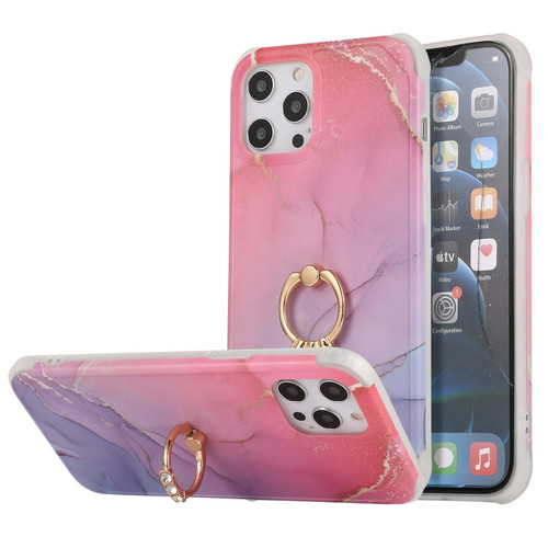 iPhone 13 mini Four Corners Shocproof Flow Gold Marble IMD Back Cover Case with Metal Rhinestone Ring - Magenta