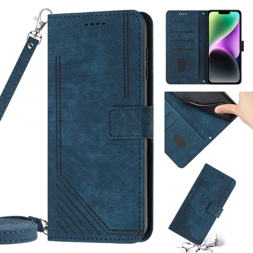 iPhone 13 mini Skin Feel Stripe Pattern Leather Phone Case with Lanyard - Blue
