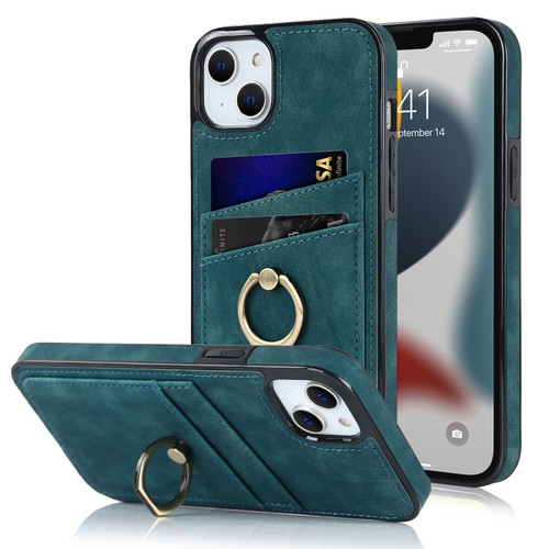 iPhone 13 mini Vintage Patch Leather Phone Case with Ring Holder  - Blue