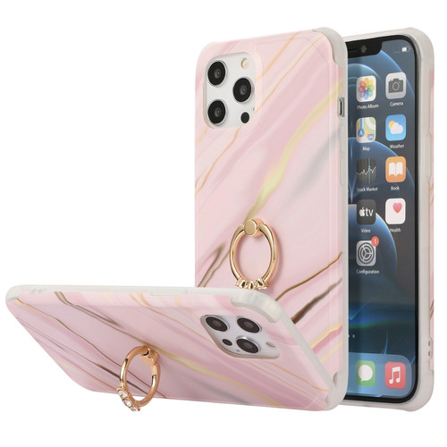 iPhone 13 mini Four Corners Shocproof Flow Gold Marble IMD Back Cover Case with Metal Rhinestone Ring  - Pink