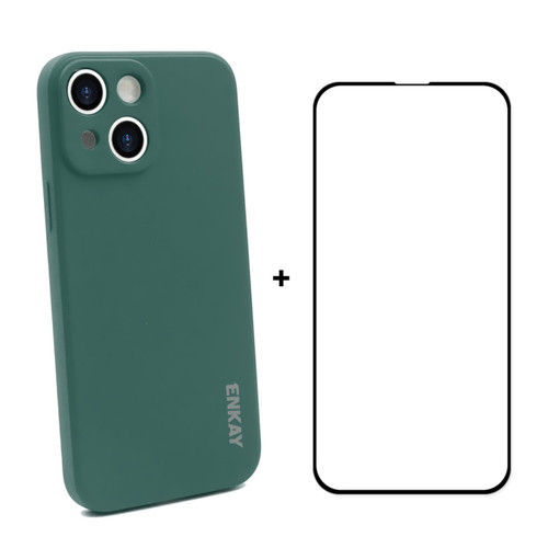 iPhone 13 mini Hat-Prince ENKAY Liquid Silicone Shockproof Protective Case Drop Protection Cover + Full Coverage Tempered Glass Protector Film  - Dark Green