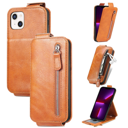 iPhone 13 mini Zipper Wallet Vertical Flip Leather Phone Case  - Brown