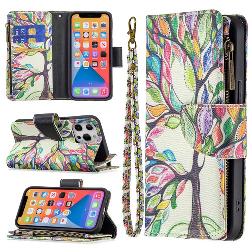 iPhone 13 mini Colored Drawing Pattern Zipper Horizontal Flip Leather Case with Holder & Card Slots & Wallet  - Tree