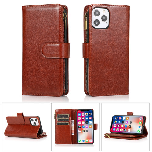 iPhone 13 mini Multifunctional Crazy Horse Texture Horizontal Flip Leather Case with 9 Card Slot & Holder & Zipper Wallet & Lanyard  - Brown