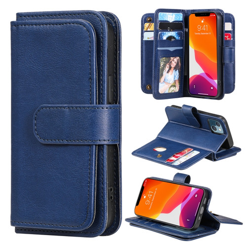 iPhone 13 mini Multifunctional Magnetic Copper Buckle Horizontal Flip Solid Color Leather Case with 10 Card Slots & Wallet & Holder & Photo Frame  - Dark Blue