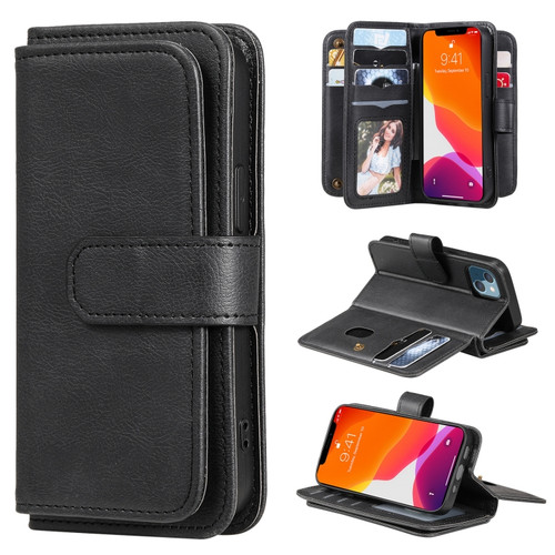 iPhone 13 mini Multifunctional Magnetic Copper Buckle Horizontal Flip Solid Color Leather Case with 10 Card Slots & Wallet & Holder & Photo Frame  - Black