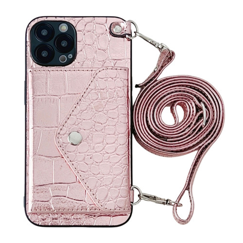 iPhone 13 mini Crocodile Texture Lanyard Card Slot Phone Case - Rose Gold