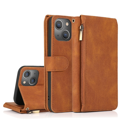 iPhone 13 mini Skin-feel Crazy Horse Texture Zipper Wallet Bag Horizontal Flip Leather Case with Holder & Card Slots & Wallet & Lanyard  - Brown