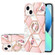 iPhone 14 Electroplating Splicing Marble Flower Pattern TPU Shockproof Case with Rhinestone Ring Holder  - Pink Flower
