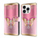 iPhone 14 Pro Crystal 3D Shockproof Protective Leather Phone Case - Pink Bottom Butterfly