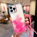 iPhone 14 Pro Gold Halo Marble Pattern Lanyard Phone Case - Pink