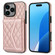 iPhone 16 Pro Splicing Rhombic Texture Card Bag Phone Case with Long Lanyard - Rose Gold