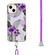 iPhone 15 Electroplating Pattern IMD TPU Shockproof Case with Neck Lanyard - Purple Flower