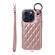 iPhone 15 Pro Rhombic Texture Card Bag Phone Case with Short Lanyard - Rose Gold