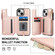 iPhone 15 Plus Double Flap Zipper RFID Leather Phone Case with Short Lanyard - Rose Gold