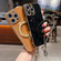 iPhone 14 Solid Color Electroplated Metal Holder Phone Case with Lanyard - Brown