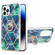 iPhone 14 Pro Max Electroplating Splicing Marble Pattern Dual-side IMD TPU Shockproof Case with Ring Holder - Blue Green