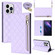 iPhone 14 Pro Max Grid Texture Lanyard Zipper Leather Phone Case - Purple
