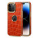 iPhone 14 Pro Denior Crocodile Texture Genuine Leather Electroplating Phone Case - Mocha Brown