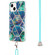 iPhone 14 Plus Electroplating Splicing Marble Pattern Dual-side IMD TPU Shockproof Case with Neck Lanyard - Blue Green
