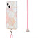 iPhone 14 Plus Electroplating Splicing Marble Pattern Dual-side IMD TPU Shockproof Case with Neck Lanyard - Pink White