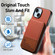 iPhone 14 Plus Twill Fabric Leather Vertical Flip RFID Card Bag Phone Case - Brown