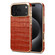 iPhone 17 Pro Denior Crocodile Texture Genuine Leather Electroplating Phone Case - Mocha Brown