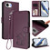 iPhone 16e / 17e Embossed Heart Cat Leather Phone Case with Hand Strap - Dark Purple