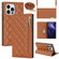 iPhone 13 Pro Grid Texture Lanyard Zipper Leather Phone Case - Brown
