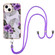 iPhone 15 Plus Electroplating Pattern IMD TPU Shockproof Case with Neck Lanyard - Purple Flower